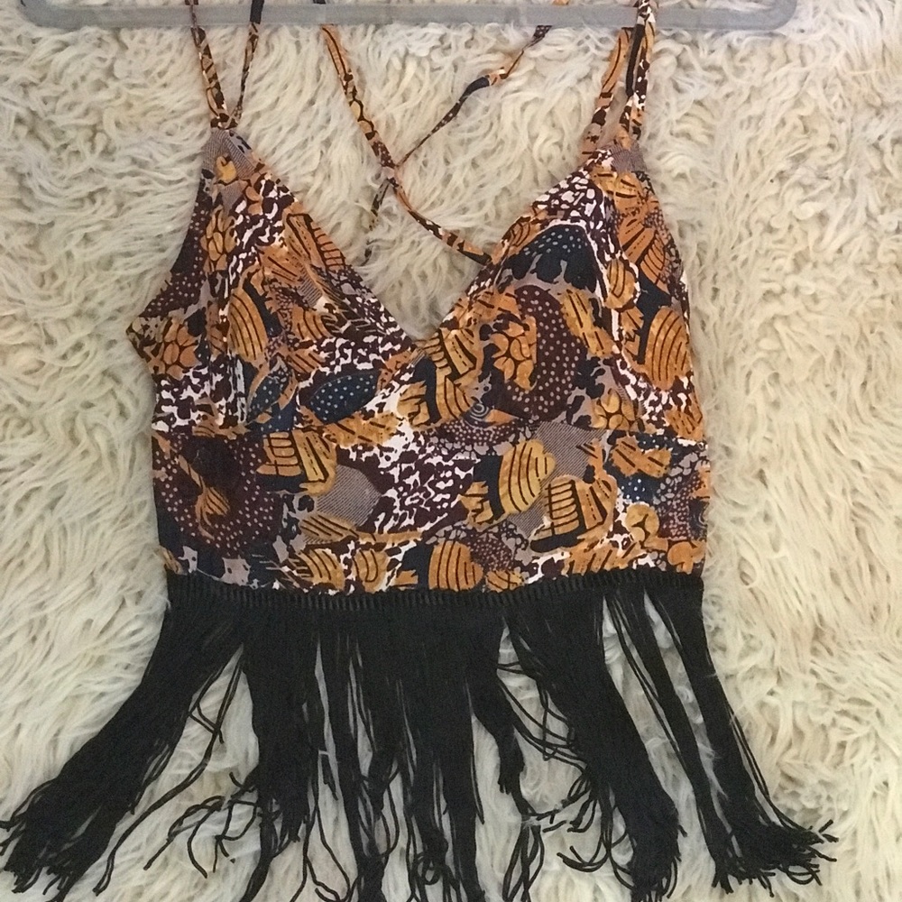 Tribal print with fringe crop top
